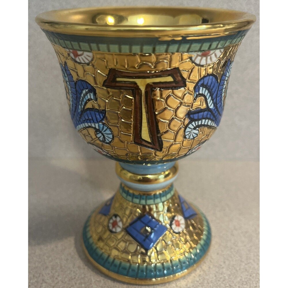 4 5/8” Chalice Tau Byzantine 18K Gold Enamel Mosaic Sambuco Marco Deruta Italy